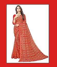 Kanooda Prints Georgette Printed Saree With Unstitched Blouse Piece ( Red )