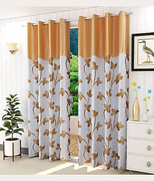 Kraftiq Homes Floral Semi-Transparent Eyelet Curtain 5 ft ( Pack of 2 ) - Beige
