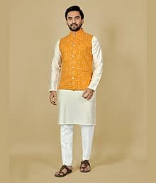 LEIPZIG FASHION Rayon Printed Regular Fit Kurta Pyjama Set For Men ( Yellow )