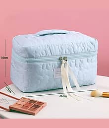Large Quilted Makeup Organizer Bag for Women ? Travel Cosmetic Storage Pouch with Handle, Double Zipper & Wide Space for Skincare, Brushes, Toiletries