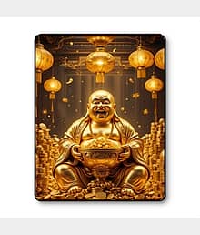 Livin'luxe Golden Laughing Buddha Wealth Coin Wall Art Black Frame Sparkle Laminated Feng Shui Decor Painting