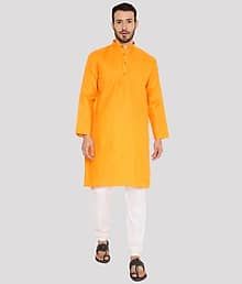 Maharaja Cotton Solid Regular Fit Kurta Pyjama Set For Men ( Orange )