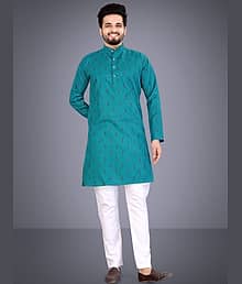 Nofilter Cotton Blend Printed Regular Fit Kurta Pyjama Set For Men ( Sea Green )