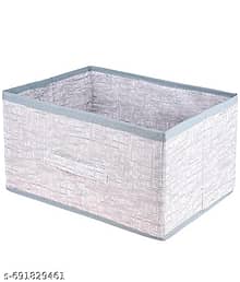 Non Woven Jute Printed Foldable Storage Box/Bin Organiser with Handle for Books & Toys | Cloth Drawer Organizer for Wardrobe (Grey, Pack of 1)