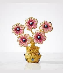 Premium Evil Eye Flower Pot Showpiece for Home Decor | Golden Decorative Vase with Pink Floral Design | Nazar Protection Lucky Charm Tabletop Decor |