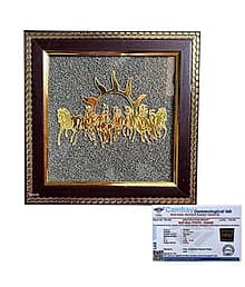 Pyrite Stone Frame with Vastu Seven Running Horses & Sun | Original Pyrite Dust Wall Art for Money Attraction, Protection & Chakra Healing | Big Size