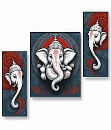 SAF Lord Ganesha 3 Panel Wall Art ? Divine Ganesh God Painting with Modern Red-Blue Swirl Background for Home Temple & Living Room Décor 12 Inch x 20