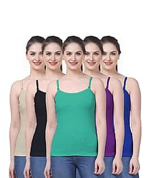 SARU TEX Women Pack of 5 Cotton Camisoles ( Multicolor )