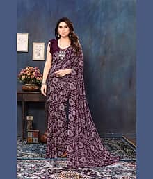 Saadhvi Georgette Printed Saree With Unstitched Blouse Piece ( Wine )