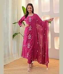 TRAHIMAM Women Viscose Embroidered Straight Kurti With Pants ( Pink )