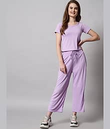 True Westies Cotton Solid Women Top with Pyjama ( Purple )