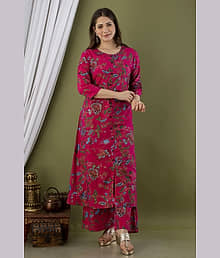 VRDIKAA Women Viscose Printed A-line Kurti With Palazzo ( Pink )