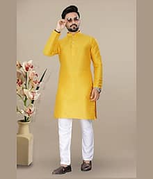 Valaki Cotton Blend Printed Regular Fit Kurta Pyjama Set For Men ( Yellow )