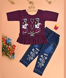 WELCOME KURTA Pack of 1 Girls Cotton Blend T-shirt & Jeans ( Wine )