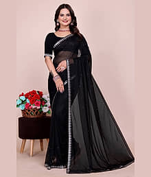 YUGAVEERAA Lycra Solid Saree With Unstitched Blouse Piece ( Black )