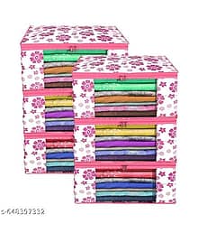 Zovira Premium Non-Woven Saree/Cloth Organizer Box With Transparent Window, Double Zipper, Foldable Storage Bag, Pack Of 6 {Pink Floral}