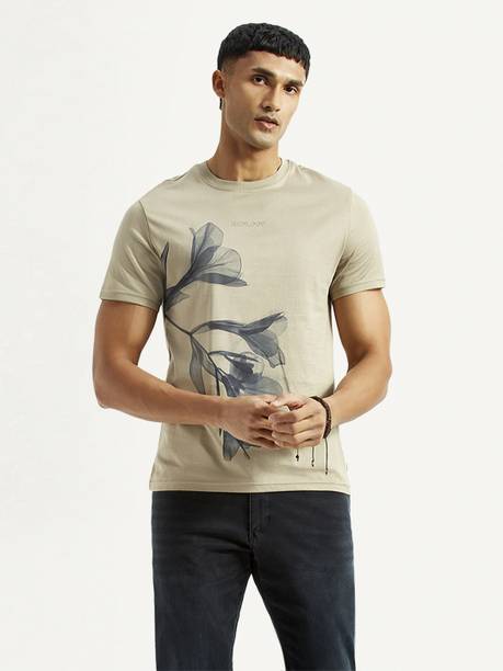 Men Floral Print Crew Neck Pure Cotton Beige T-Shirt