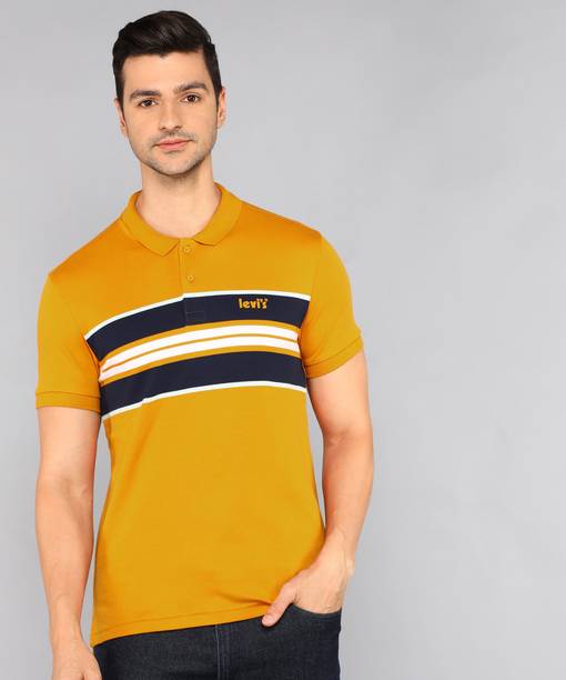 Men Striped Polo Neck Cotton Blend Gold T-Shirt