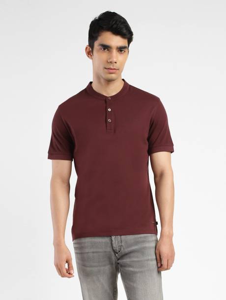Redloop Men Solid Henley Neck Pure Cotton Red T-Shirt