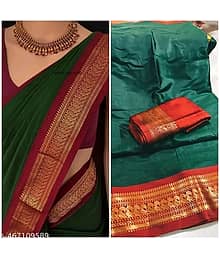 oxgenta Cotton Silk Woven Banarasi saree With Unstitched Blouse Piece ( Green )