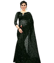sukhvila Net Printed Regular Saree With Unstitched Blouse Piece ( Black )