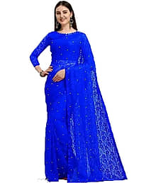 sukhvila Net Printed Regular Saree With Unstitched Blouse Piece ( Blue )