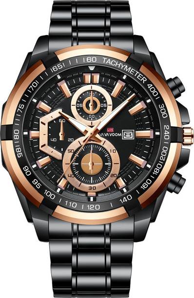 Mens Black Watch Analog Luxury Rose Gold Dial Black Cha...