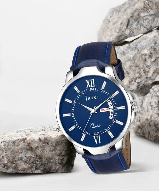 Blue Day & Date Feature Dial Leather Strap Analog Watch...