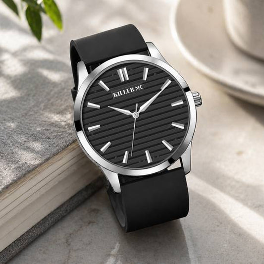 Sleek Silicone Strap Watch with Black Textured Dial & M...