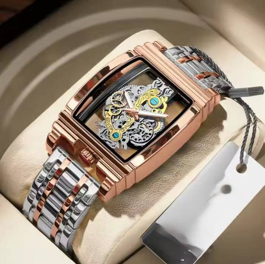 LUXURY FASHION SKELETON DIAL STAINLESS STEEL SILVER & R...
