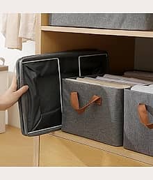3 Pcs Foldable Storage Box and Organiser with Metal Frame/Woven Fabric Clothes Organiser with Handle/Wardrobe Organizer for Storage/Almirah Organizer
