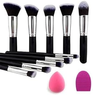 Synthetic Kabuki Foundation Face Powder Blush Eyeshadow Brush Makeup Brush Kit with Blender Sponge and Brush Cleaner (10 pcs, Black/Silver)