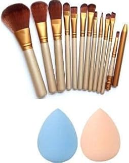 J & F Makeup Brush Set Of 12 With Beauty Blender Songe Puff Pack Of 2 Soft Blender Puff