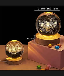 3D Crystal Ball Night Lamp with Wooden Base | Galaxy Solar System LED Decorative Light