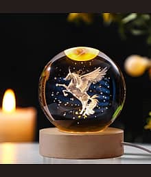 3D Horse Crystal Ball Night Lamp with Wooden Base | Solar System Horse Engraved Crystal Ball LED Light | USB Powered Colorful Table Lamp for Bedroom,