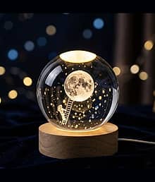 3D Moon Crystal LED Night Lamp with Wooden Base | Moon Climbing Ladder Laser Engraved Glass Ball Light | USB Warm Light Decorative Table Lamp for Bedr