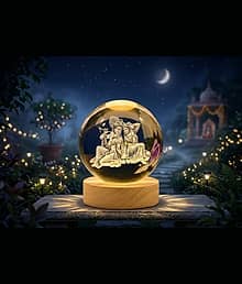 3D Radha Krishna Crystal Ball LED Night Lamp with Wooden Base | Romantic Spiritual Decorative Light for Bedroom, Living Room, Gift Item