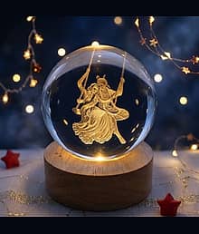 3D Radha Krishna Crystal Ball LED Night Lamp with Wooden Base | Romantic Spiritual Decorative Light for Bedroom & Living Room | USB Warm Light Gift It