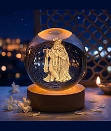 3D Radha Krishna Crystal Ball LED Night Lamp with Wooden Base | Romantic Divine Couple Decorative Light for Bedroom Living Room | USB Warm Glow Gift I