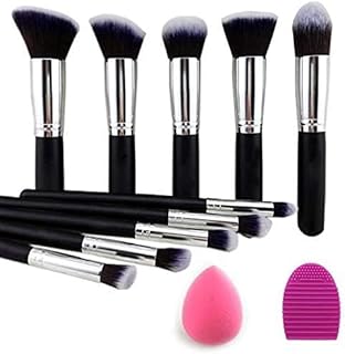 Synthetic Kabuki Foundation Face Powder Blush, Eyeshadow Brush, Makeup Brush Set (10 pcs, Black and Silver)
