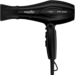 Ikonic 2400 Professional Hair Dryer, Black, 2200W with Powerful AC motor, 2 speed and 3 heat settings with Cool shot, 2 Interchangeable Nozzles, Hang
