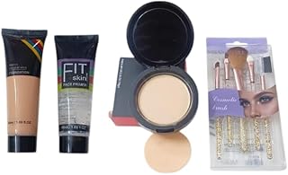 Makeup Combo Set with Foundation, FIT Skin Face Primer, Compact Powder with Puff, and Cosmetic Brush Kit