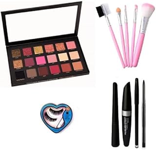 SHISHI 18 Color Rose Gold Eyeshadow Kit + Makup Brush Set Of 5 + Mini Eyelesh With Glue + Eyeliner + Maskara + Eyebrow Pencil +Kazal (4 in)