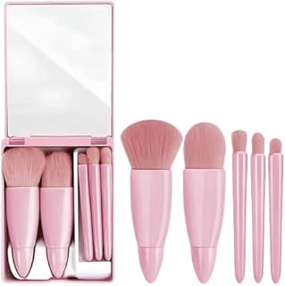 Travel Size Mini Makeup Brushes Set with Mirror, Complete Function Cosmetic 5 Pcs Brushes Kit Case Apply to Face Foundation, Powder, Concealers, Eyebr