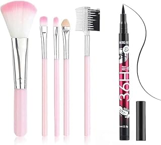 Women's & Girls' 5-Piece Pink Makeup Brushes Set with Ultra-Soft Bristles | Long-Lasting 36H Eyeliner | Complete Beauty Kit (Pack of 6)