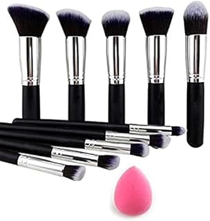 10 pcs Foundation Face Powder Blush Eyeshadow Brush Makeup Brush Kit with Blender Sponge (10 pcs, Black)