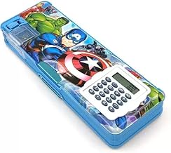 Superhero Calculator Pencil Box Multipurpose Magnetic Pencil Box with Calculator & Dual Sharpener for Boys Cartoon Printed Pencil Case for Kids