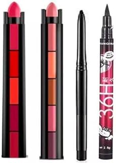 Professional Beauty Combo of 2 Fabulous Matte Shades Lipstick 5 in 1, (Red + Nude) Edition Lipstick Set, 7.5g Each with 36H Eyeliner and 1 Kajal Penci