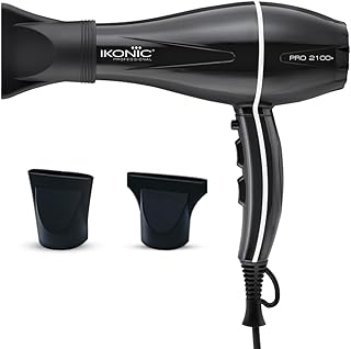 IKONIC Pro 2100+ Hair Dryer 2000 Watts, Black, 3 Heat And 2 Speed Settings, Cool Shot, Low Noise Function Interchangeable Nozzles, Professional Stylin