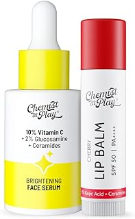 Chemist At Play Cherry Lip Balm & 10% Vitamin C Face Serum Combo | Repairs Chapped Lips, Brightens Dark Lips | SPF 50 PA++++ | Fades Dark Spots & Enha